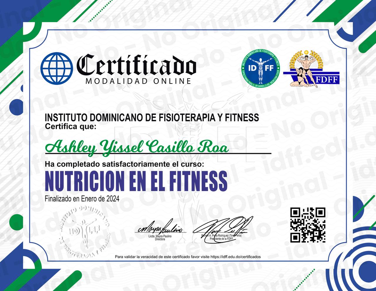 Certificado del Curso Nutrición en el Fitness