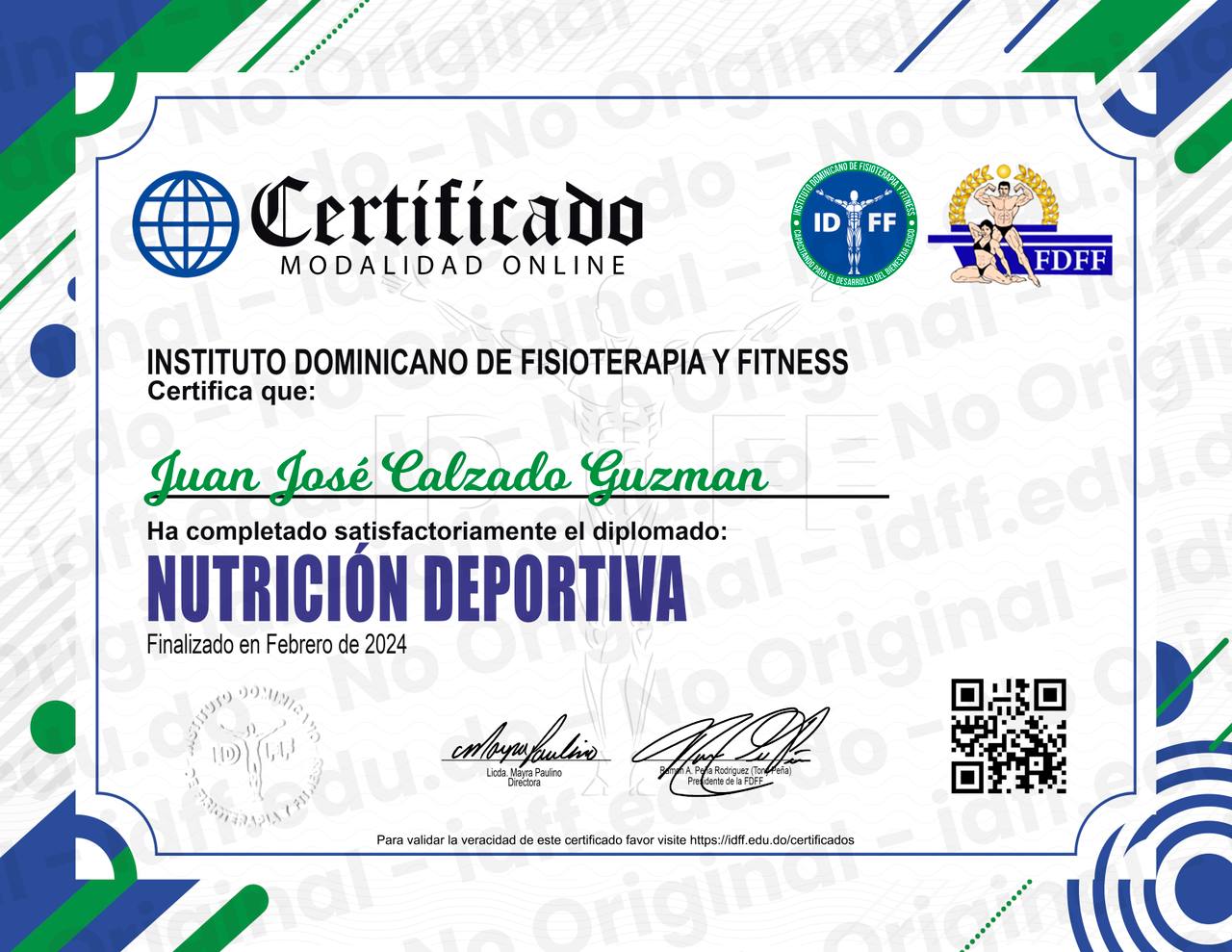 Certificado del Diplomado Nutrición Deportiva