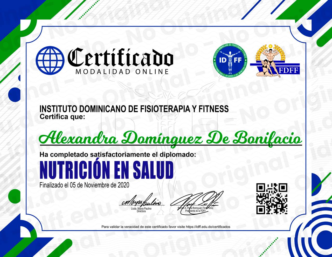 Certificado del Diplomado Nutrición en Salud